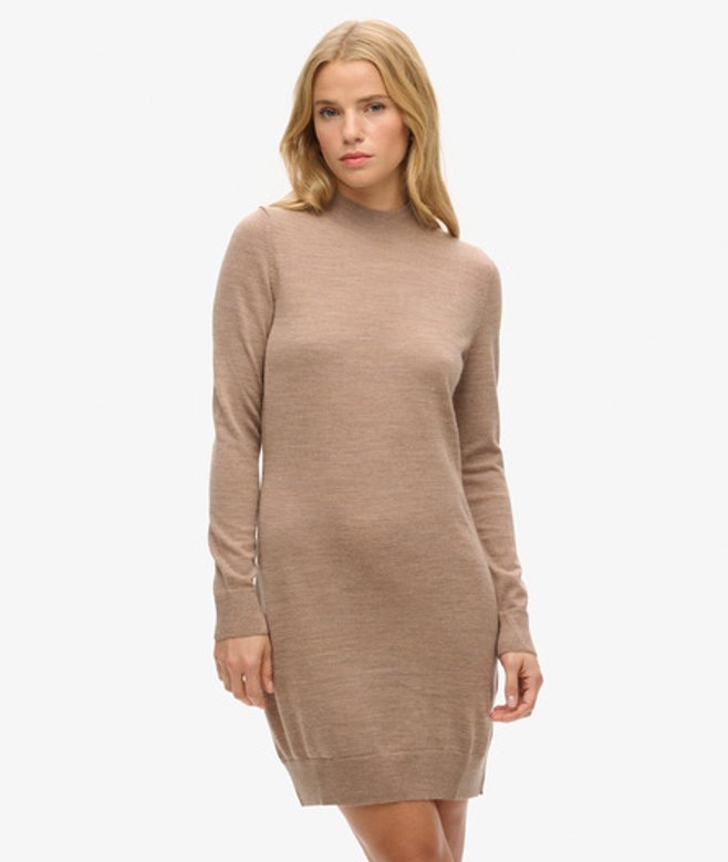 Superdry & Co Women's Lightweight Knitted Merino Knit Dress, Beige, Size: