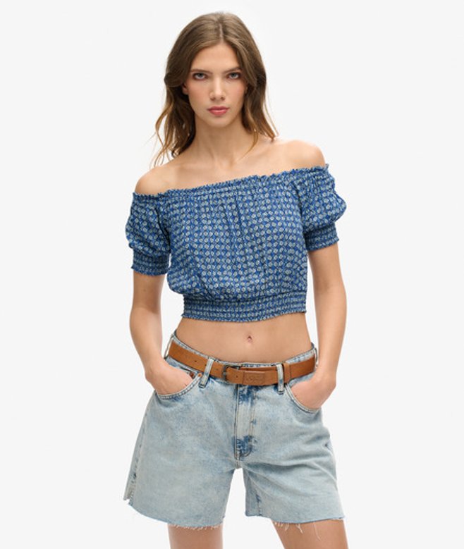 Superdry & Co Women's Classic Smocked Short Sleeve Crop Top, Blue, Size: