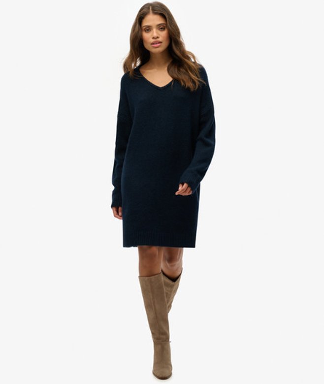 Superdry Women's Oversized V Neck Jumper Dress, Navy, Size: