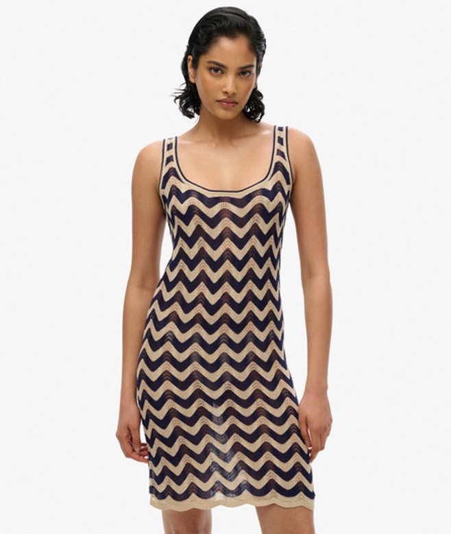 Superdry Women's Zig Zag Knit Mini Dress, Navy & Beige, Size: