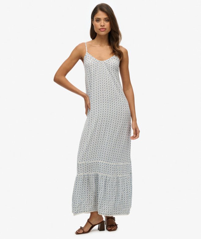 Superdry Women's Printed Cami Maxi Dress, Blue & White, Size: