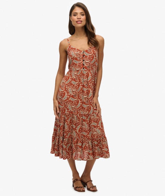Superdry Women's Paisley Print Half Button Tiered Midi Dress, Brown & Beige, Size: