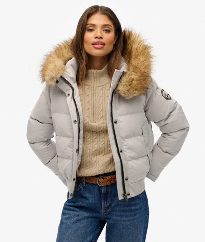 Superdry & Co Women's Everest Slim Fit Hooded Bomber Jacket, Light Grey, Size: