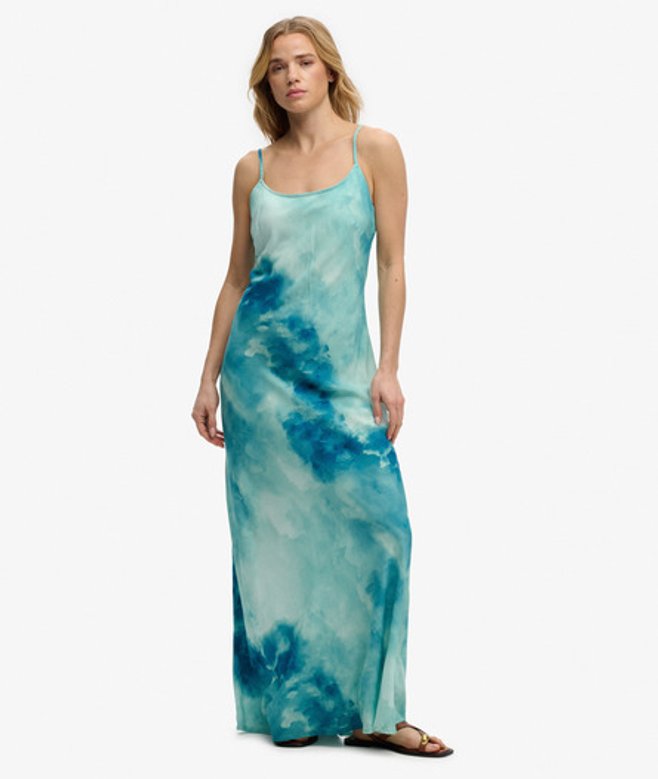 Superdry & Co Women's Printed Maxi Slip Dress Light Blue Sage Sky Blue - Size: