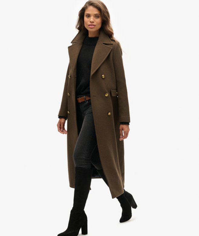 Superdry & Co Women's Slim Fit Wool Double Breasted Coat, Dark Khaki, Size: