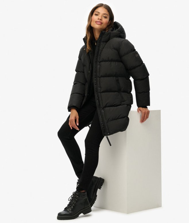 Superdry & Co Women's Hooded Sports Puffer Mid Length Jacket Black - Size: