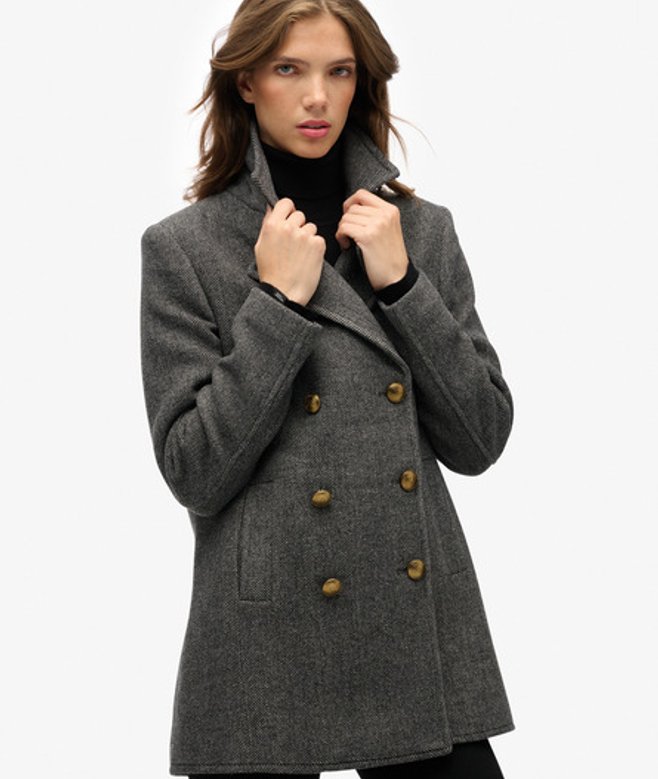 Superdry & Co Women's Double Breasted Pea Coat Dark Grey Charcoal Herringbone - Size: