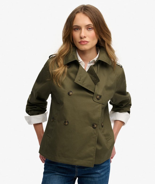 Superdry & Co Women's Short Trench Coat Green Dusty Olive Green - Size: