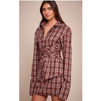 Brown Check Wrap Detail Long Sleeve Shirt Dress