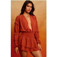 Rust Chiffon Ruched Ruffle Mini Dress
