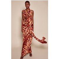 Abstract Animal Cowl Neck Tie Front Maxi Dress, Brown