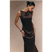 Dark Taupe Satin Boat Neck Fishtail Midaxi Dress