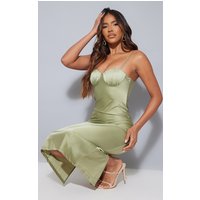 Sage Green Satin Ruched Cup Strappy Midi Dress