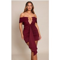 Shape Wine Mesh O Ring Plunge Bardot Mini Dress