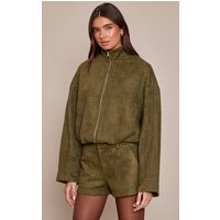 Khaki Faux Suede Funnel Neck Zip Up Jacket