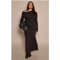 Plus Black Brushed Rib Long Sleeve Ruched Maxi Dress