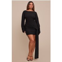 Shape Black Brushed Rib Boat Neck Wrap Waist Mini Dress
