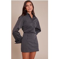 Black Pinstripe Button Down Long Sleeve Shirt Dress