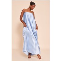 Light Blue Pleated Satin Bandeau Maxi Dress