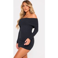 Black Rib Foldover Bardot Long Sleeve Bodycon Dress
