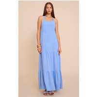 Sky Blue Textured Halterneck Drop Waist Maxi Dress