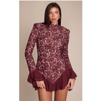 Wine Lace High Neck Frill Detail Mini Dress