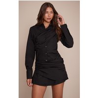 Black Cotton Poplin Wrap Detail Long Sleeve Shirt Dress