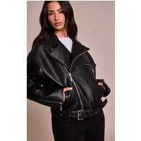 Petite Black Faux Leather Oversized Biker Jacket