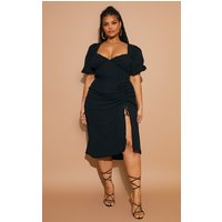 Plus Black Puff Sleeve Ruched Split Side Midi Dress