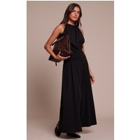 Black Jersey Halterneck Ruched Detail Maxi Dress