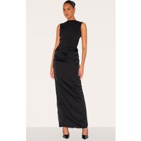 Black Woven High Neck Ruched Drape Midaxi Dress