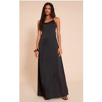 Black Satin Scoop Neck Spaghetti Strap Maxi Dress