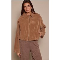 Tan Gathered Hem Zip Up Suede Jacket