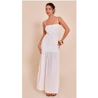 White Linen Look Strappy Dropped Waist Maxi Dress