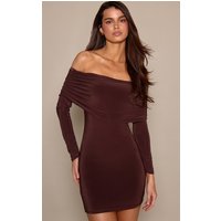 Chocolate Double Layer Slinky Bardot Bodycon Mini Dress