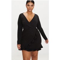 Plus Black Long Sleeve Ruffle Wrap Dress