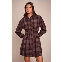 Brown Check Ced Waist Long Sleeve Shirt Dress