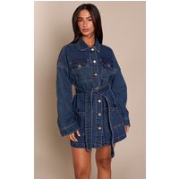 Petite Mid Blue Utility Pocket Tie Waist Denim Dress, Mid Blue Wash