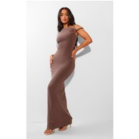 Petite Taupe Slinky Twist Shoulder Maxi Dress