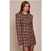 Brown Check Shoulder Pad Blazer Dress