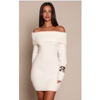 Petite Cream Fluffy Knit Off Shoulder Mini Dress