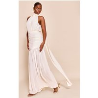 Cream High Neck Scarf Detail Ruched Maxi Dress