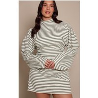 Plus Khaki Striped Batwing Ruched Bodycon Dress