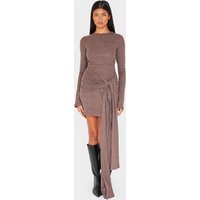 Chocolate Heavy Brushed Rib Boat Neck Wrap Tie Bodycon Dress