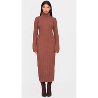 Cappuccino Chunky Cable Knit Roll Neck Maxi Jumper Dress