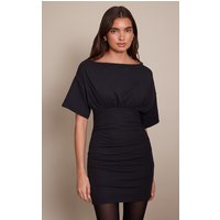 Black Cap Sleeve Ruched Shift Dress
