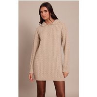 Oat Boucle Cable Knit Mini Shirt Dress, Oatmeal
