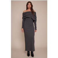 Charcoal Ribbed Bardot Oversized Fold Over Maxi Dress