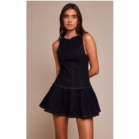 Indigo Racer Neck Pleated Denim Mini Dress