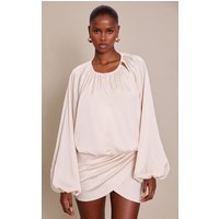 Cream Satin Wrap Ruched Long Sleeve Mini Dress